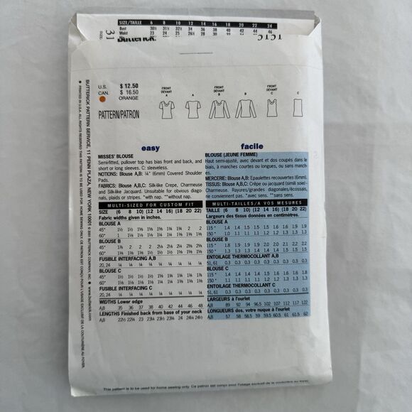 Butterick Sewing Pattern 3131 Top Shirt Blouse Sewing Pattern Misses Size 6-8 - Picture 3 of 3